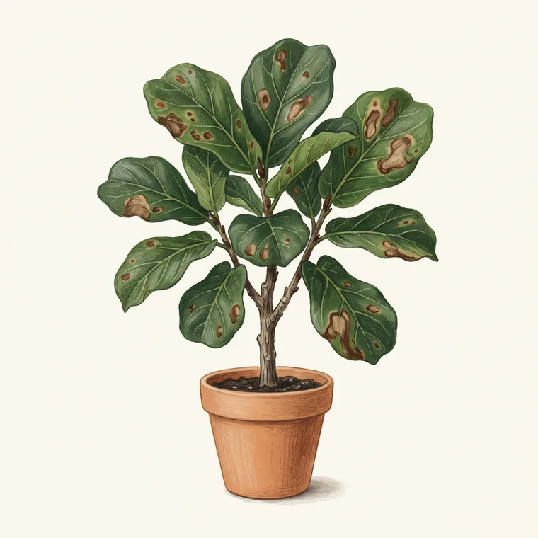 Illustration of a Fiddle-leaf fig diagnosing the problem: Why does my fiddle-leaf fig have brown spots?