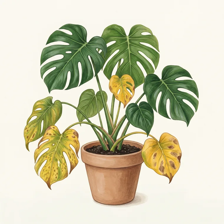 Illustration of a Monstera diagnosing the problem: Why are my Monstera leaves turning yellow?