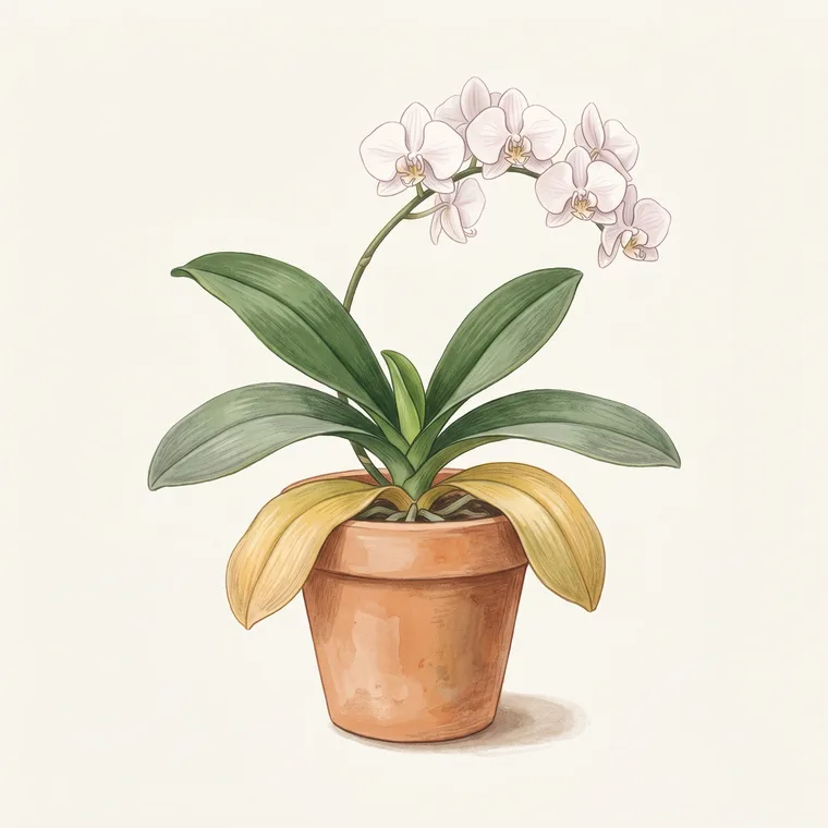 Illustration of a Phalaenopsis orchid diagnosing the problem: Why are my orchid leaves turning yellow?