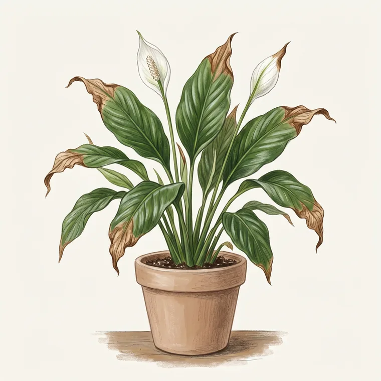 Illustration of a Peace lily diagnosing the problem: Why does my peace lily have brown leaf tips?