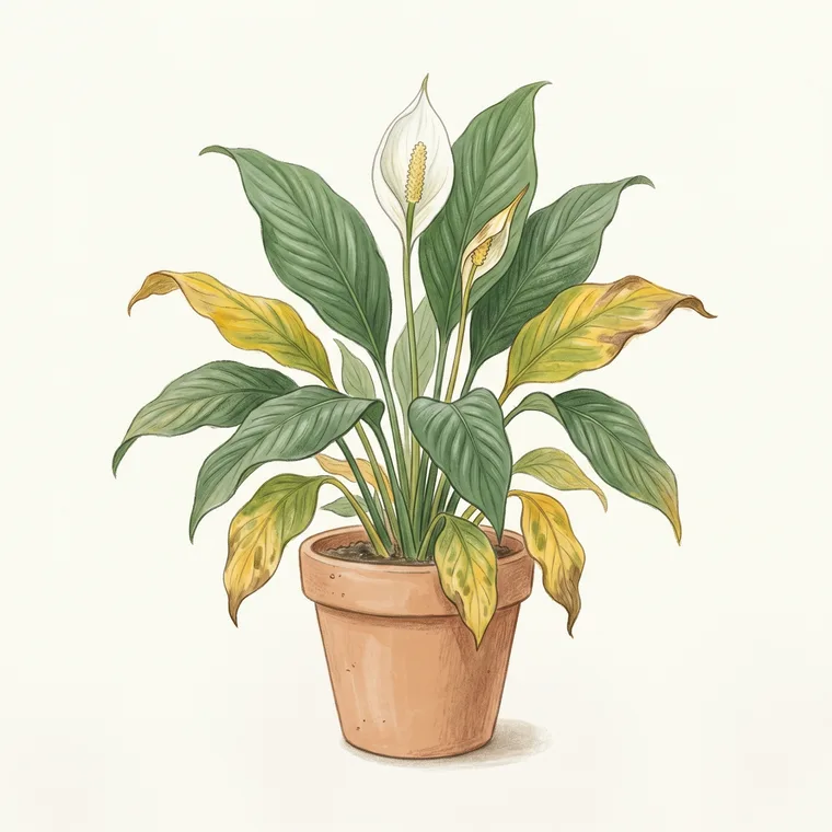 Illustration of a Peace lily diagnosing the problem: Why are my peace lily leaves turning yellow?