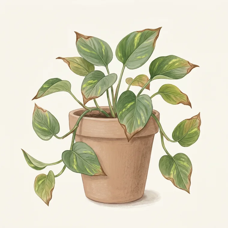 Illustration of a Pothos diagnosing the problem: Why does my pothos have brown, crispy tips?