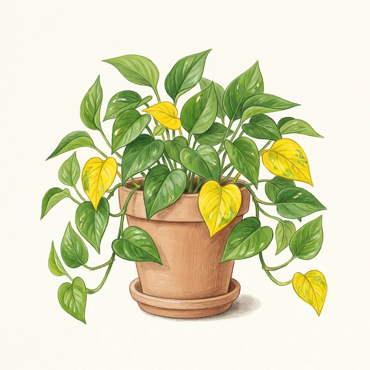 Illustration of a Pothos diagnosing the problem: Why is my pothos turning yellow?