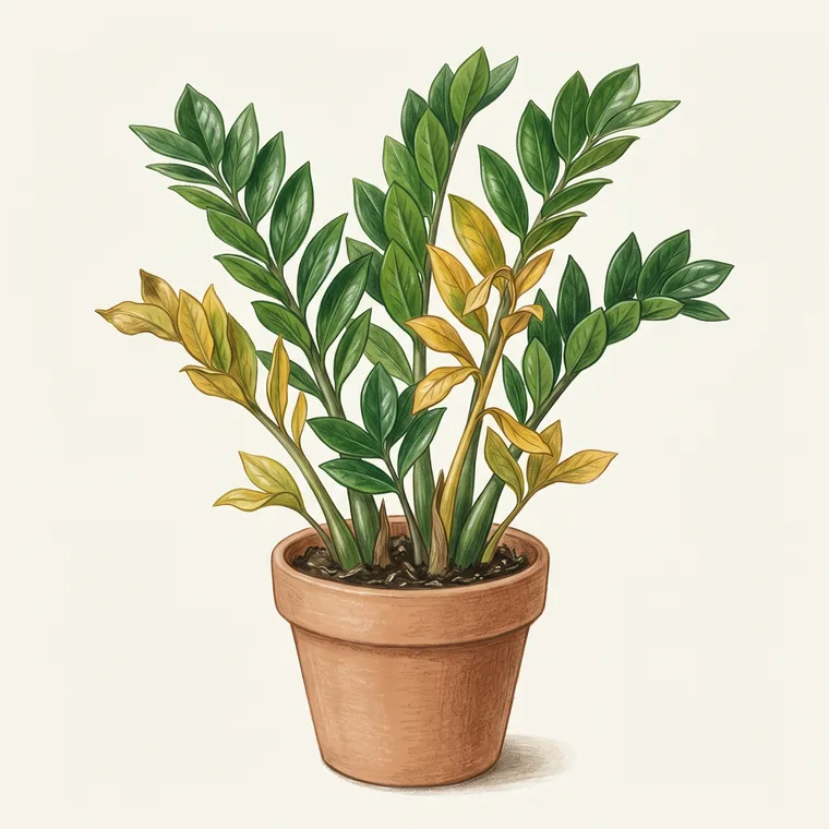 Illustration of a ZZ plant diagnosing the problem: Why is my ZZ plant turning yellow?